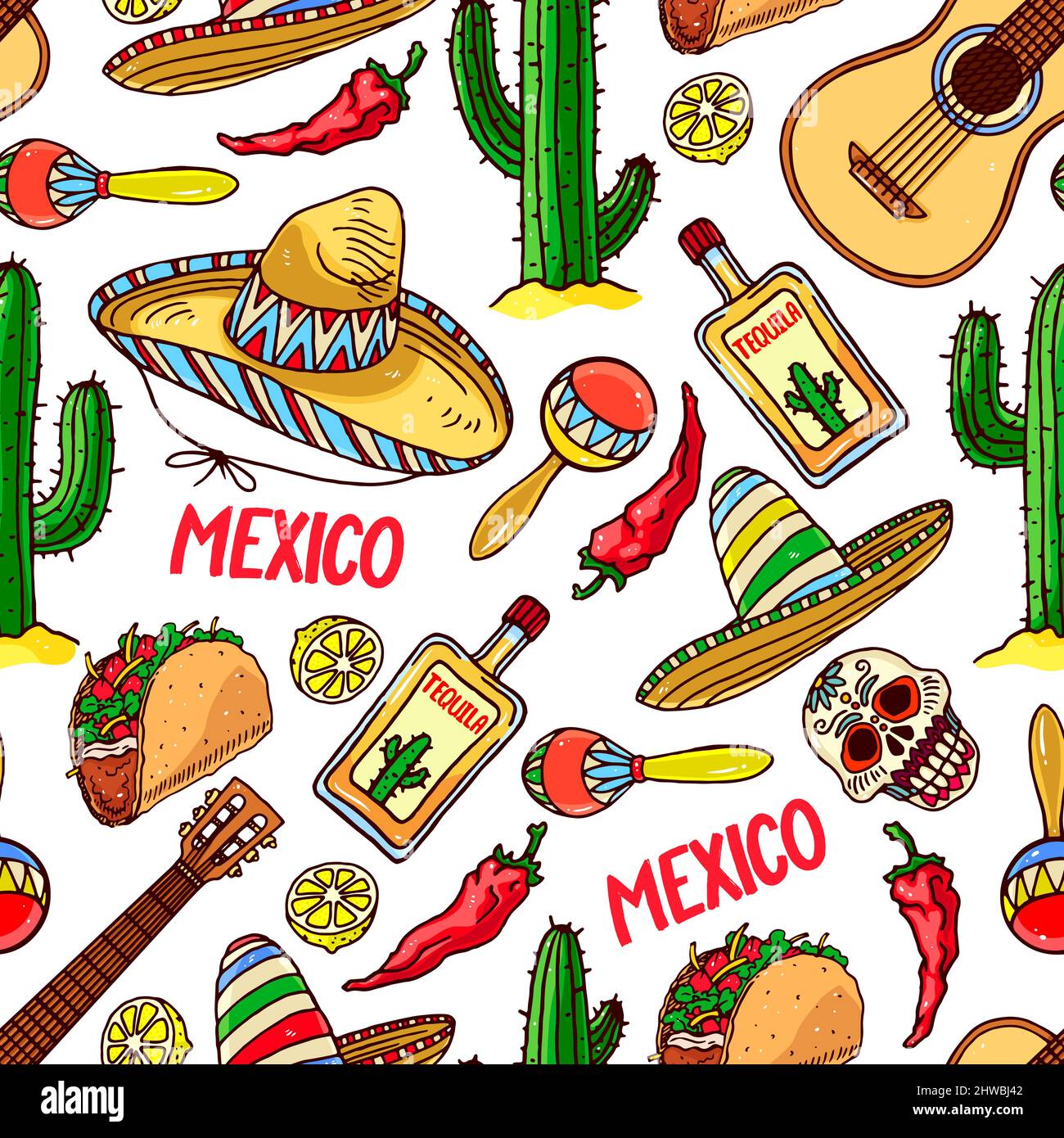 cute seamless background of a different traditional Mexican items. hand ...