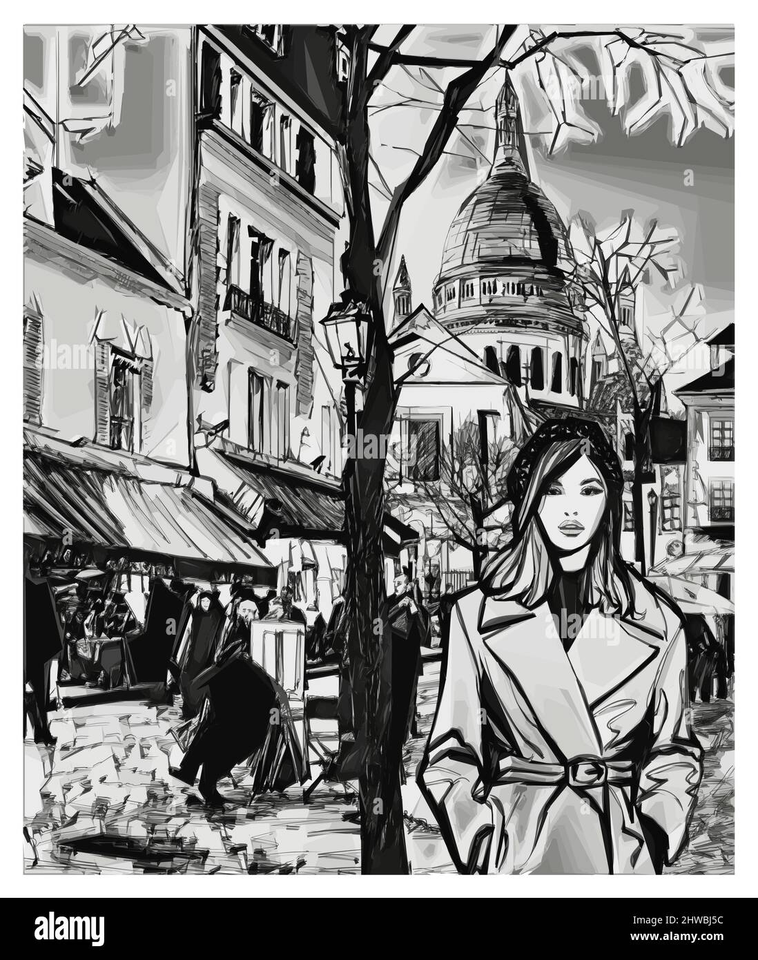 Paris, woman walking in Montmartre - vector illustration (Ideal for printing, poster or wallpaper, house decoration) Stock Vector