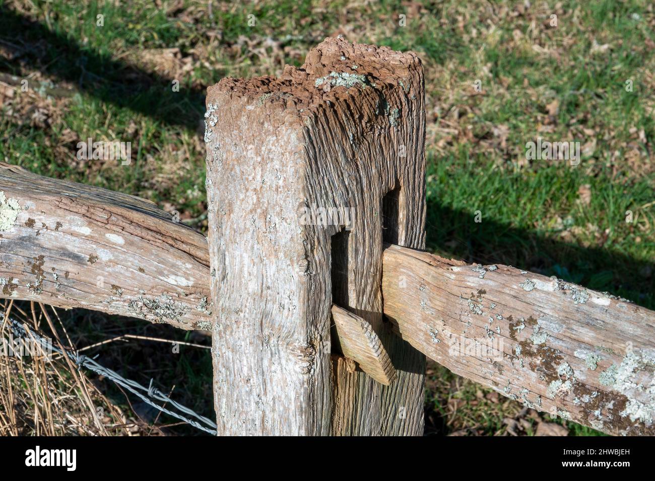 Detail of cleft post and rail wooden fencing showing joints Stock Photo Alamy