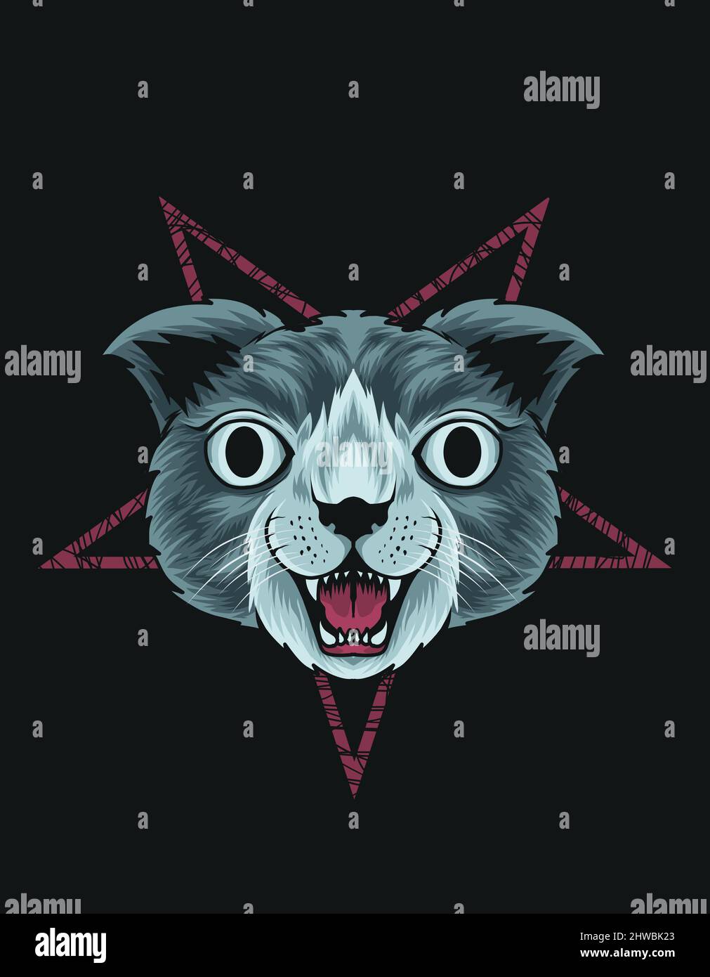 illustration vector cat head with pentagram symbol Stock Vector