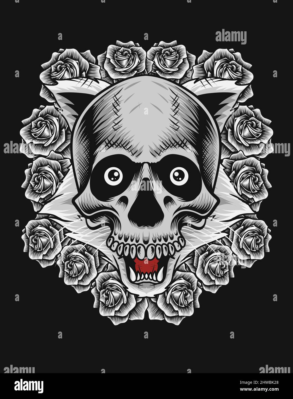 illustration vector cat skull head with rose flower Stock Vector