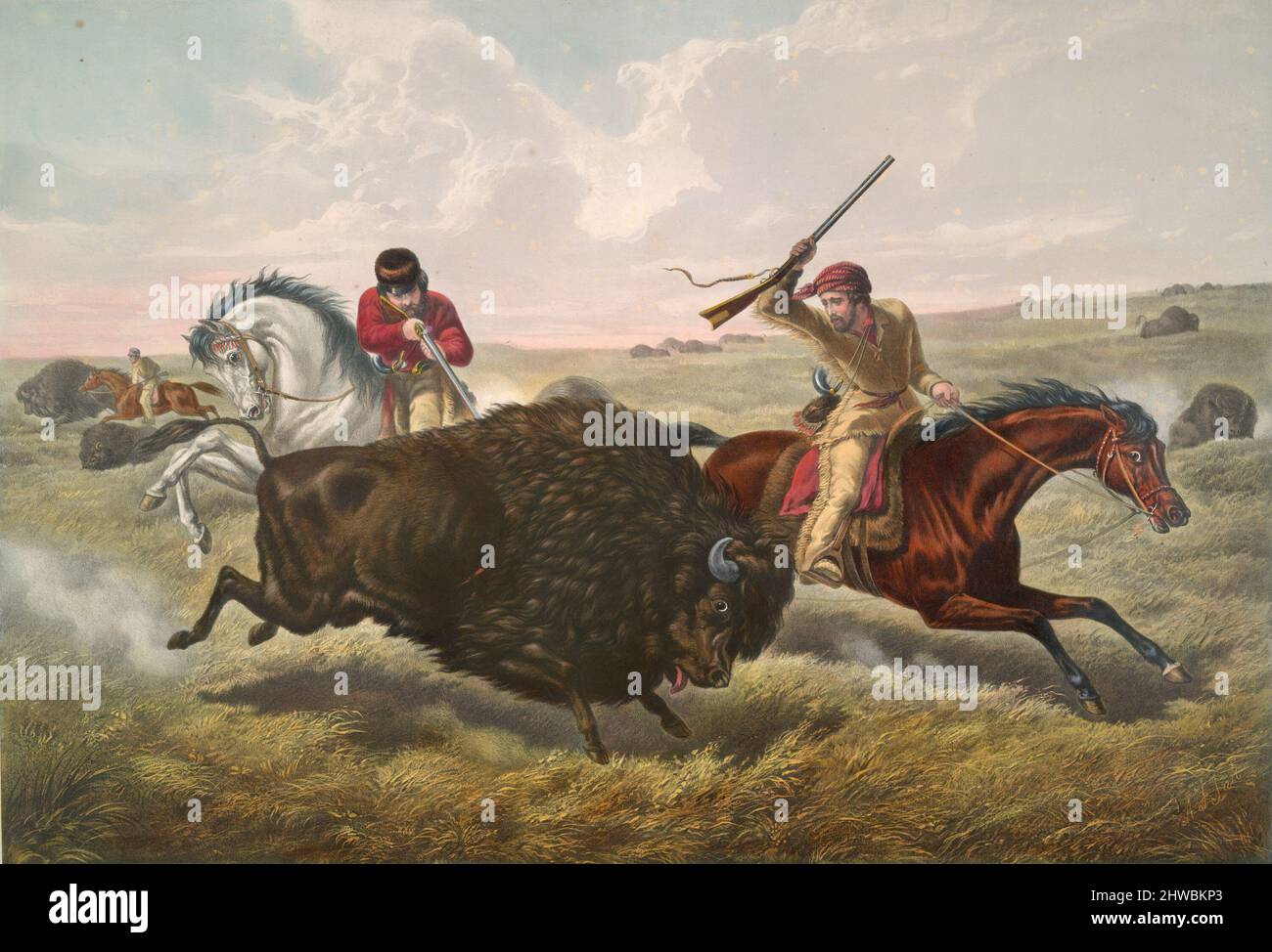 Life on the Prairie: The Buffalo Hunt.  Artist: Currier & Ives, American, active 1834–1907After: Arthur Fitzwilliam Tait, American, 1819–1905 Stock Photo