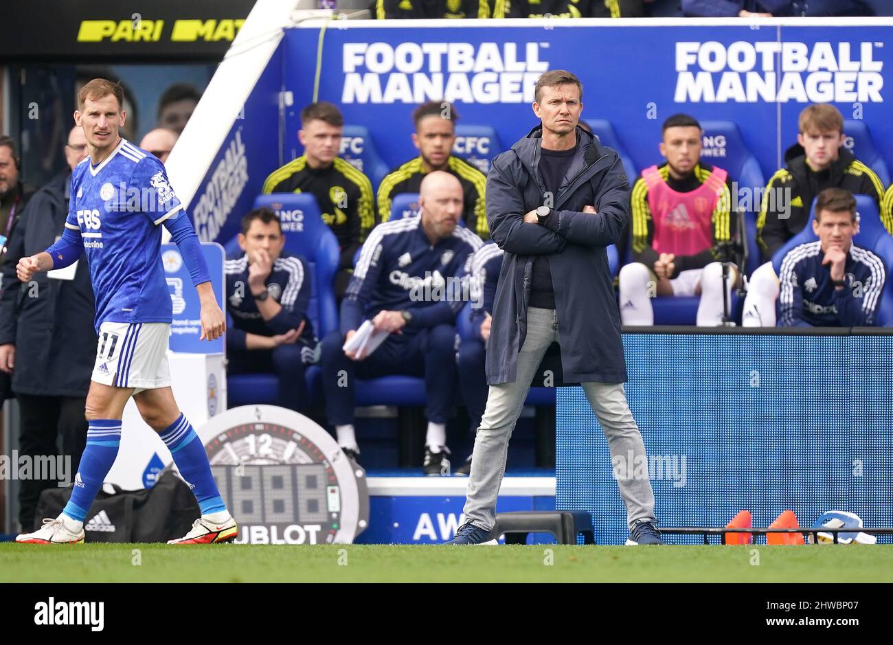 Leeds United manager Jesse Marsch (right) and Leicester City's Marc Albrighton look on during the Premier League match at the King Power Stadium, Leicester. Picture date: Saturday March 5, 2022. Stock Photo