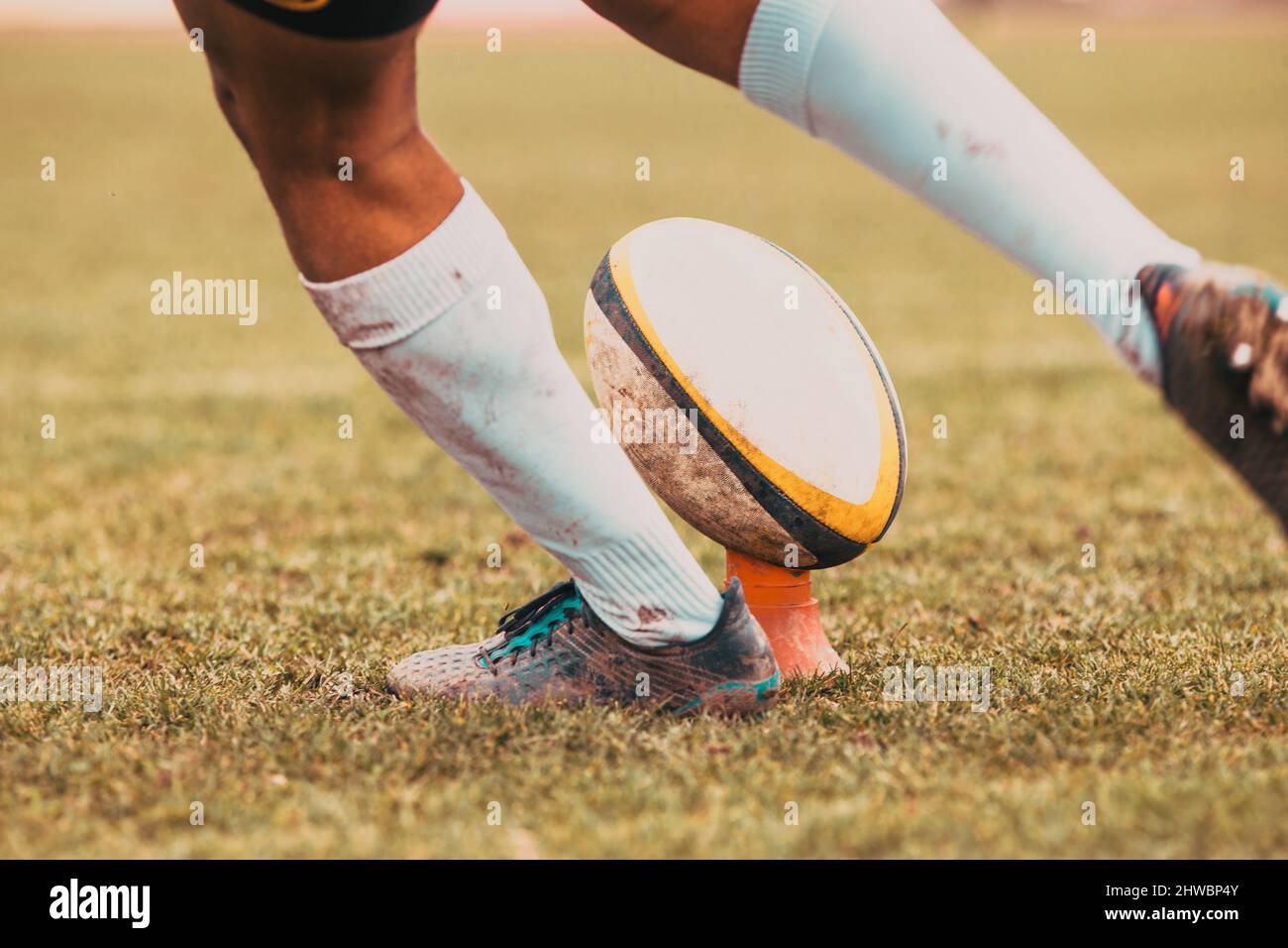 rugby player preparing to kick the oval ball during game Stock Photo