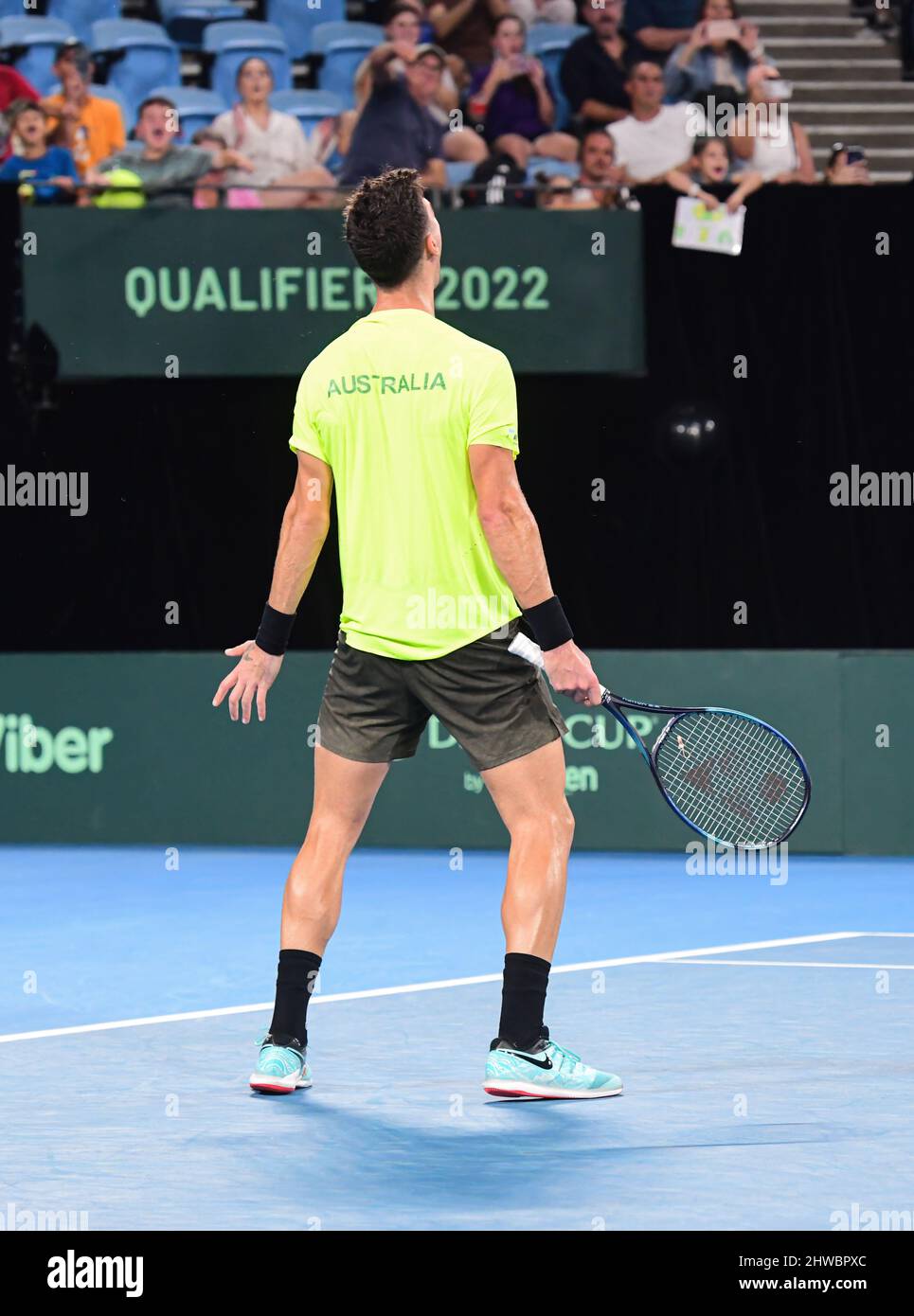 Thanasi Kokkinakis of Australia reacts during the 2022 Davis Cup Qualifying Round match against Zsombor Piros of Hungary at Ken Rosewell Stadium