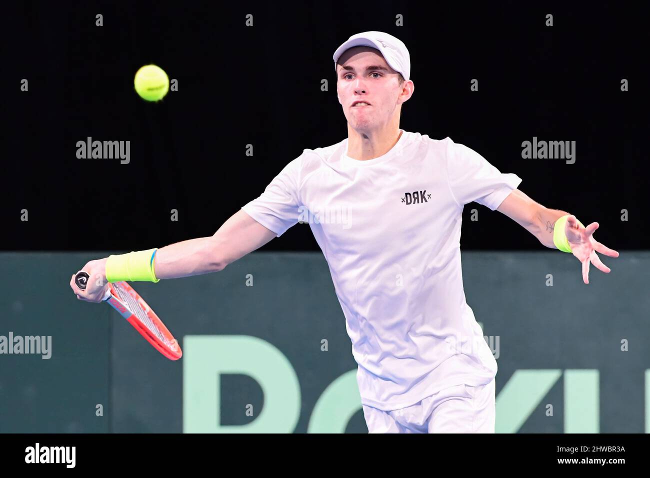 Zsombor Piros of Hungary in action during the 2022 Davis Cup Qualifying  Round match against Thanasi Kokkinakis of Australia at Ken Rosewell  Stadium. Final score; Thanasi Kokkinakis 2:0 Zsombor Piros. (Photo by