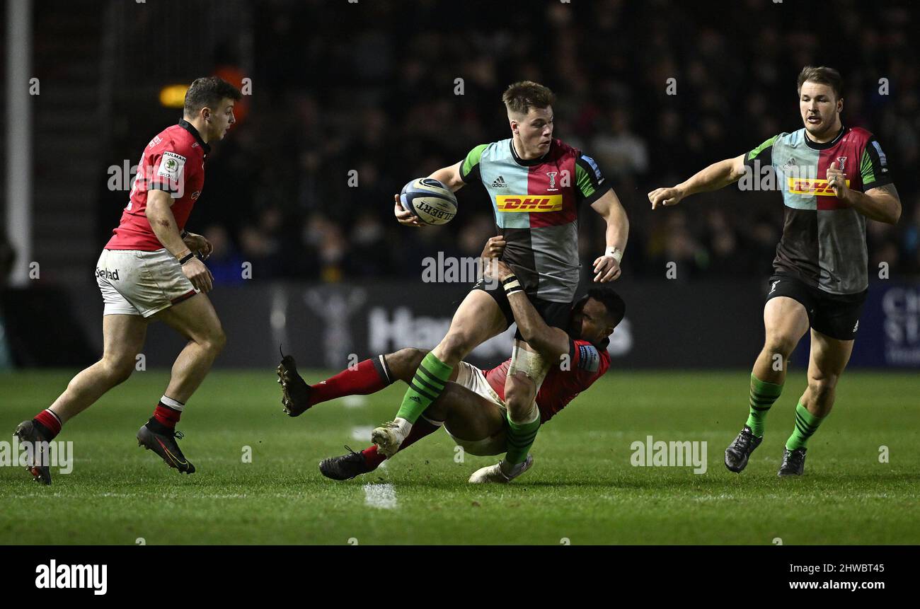 Twickenham, UK. 04th Mar, 2022. Premiership Rugby. Harlequins V Newcastle Falcons. The Stoop. Twickenham. Huw Jones (Harlequins) is tackled during the Harlequins V Newcastle Falcons Gallagher Premiership rugby match. Credit: Sport In Pictures/Alamy Live News Stock Photo