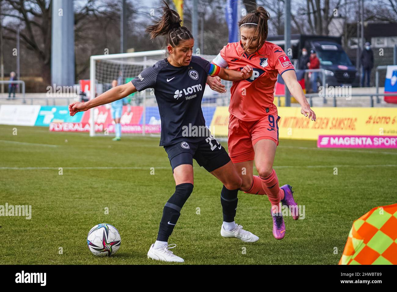 Frankfurt, Germany. 05th Mar, 2022. Laura Feiersinger (27 Frankfurt) and  Katharina Naschenweng (9 Hoffenheim) battle for the ball during the  Flyeralarm Frauen-Bundesliga 2021/2022 match between Eintracht Frankfurt  and TSG Hoffenheim at Stadium