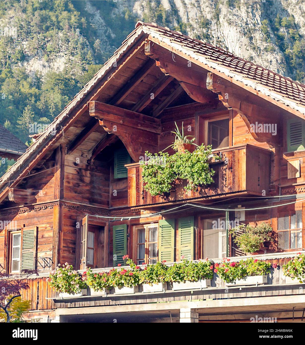 Wooden houses in the meadows of the Swiss Alps in the Saint Luc valley