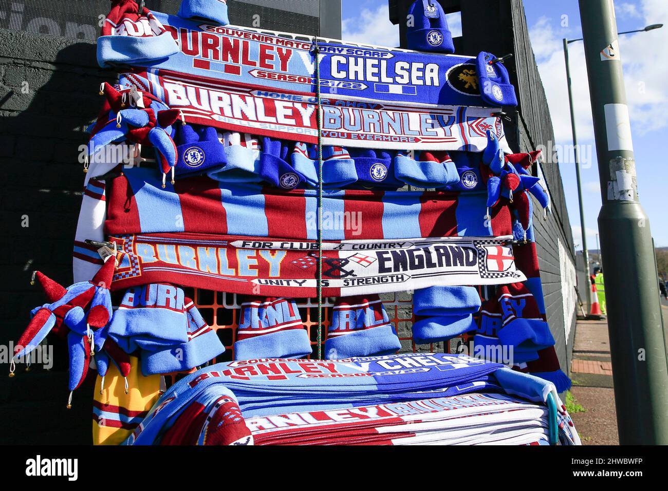 Matchday scarves for sale outside Turf Moor, home of Burnley FC Stock Photo  - Alamy