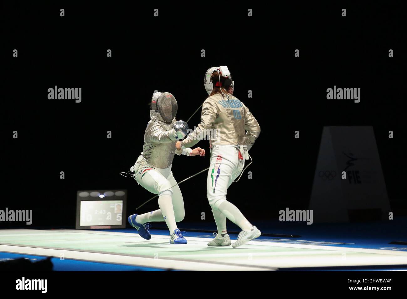 JULY 26th, 2021 - CHIBA, JAPAN: Anna Marton of Hungary (left) and  Zaynab Dayibekova of Uzbekistan (right) in action during the Women's Sabre Individu Stock Photo