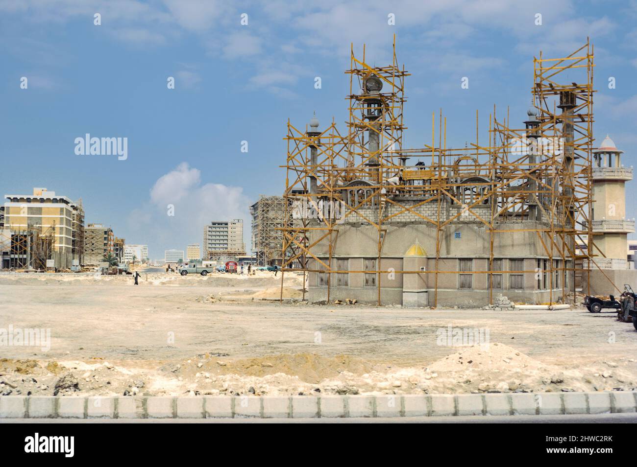 Abu Dhabi, UAE. Neighborhood Mosque and Other Construction as Part of Abu Dhabi's Modern Urban Development. Photographed March 1972. Stock Photo