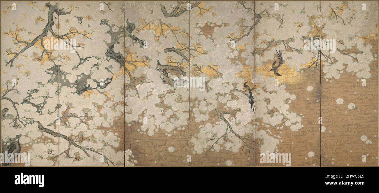 19th Century Japanese Silk Painting by Kano Chikanobu. Cherry Blossoms