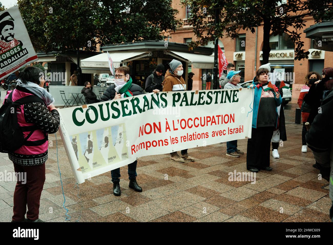 Toulouse, France. 05th Mar, 2022. Baner of 'Couserans Palestine', against israeli occupation. The french Minister of the Interior requested, on the decision of the President of the Republic, the dissolution of the 'Collectif Palestine Vaincra' (collective Palestin will win). Accused of 'incitement to hatred, discrimination, violence' and 'provocation to terrorist acts', the collective defends itself from any amalgamation, limiting itself to calls for a regular boycott of Israeli products or companies, or to the denunciation of the cultural twinning of the city with Tel Aviv. Toulouse (France), Stock Photo