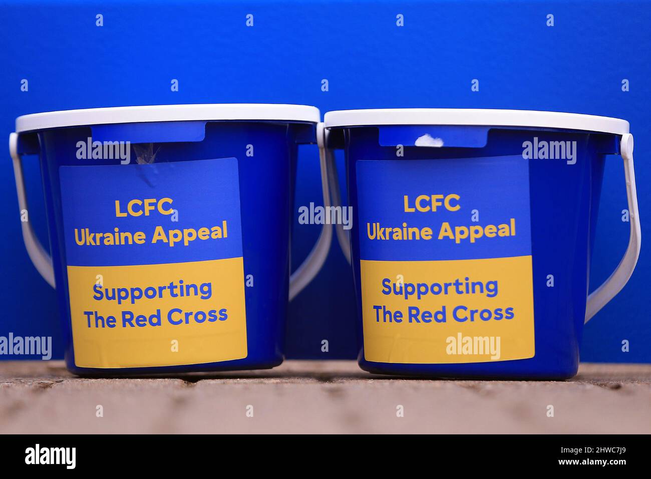 Leicester, UK. 05th Mar, 2022. A detailed view of LCFC buckets which are being used to collect money for Ukraine. Premier League match, Leicester City v Leeds Utd at the King Power Stadium in Leicester, England on Saturday 5th March 2022. this image may only be used for Editorial purposes. Editorial use only, license required for commercial use. No use in betting, games or a single club/league/player publications. pic by Steffan Bowen/Andrew Orchard sports photography/Alamy Live news Credit: Andrew Orchard sports photography/Alamy Live News Stock Photo