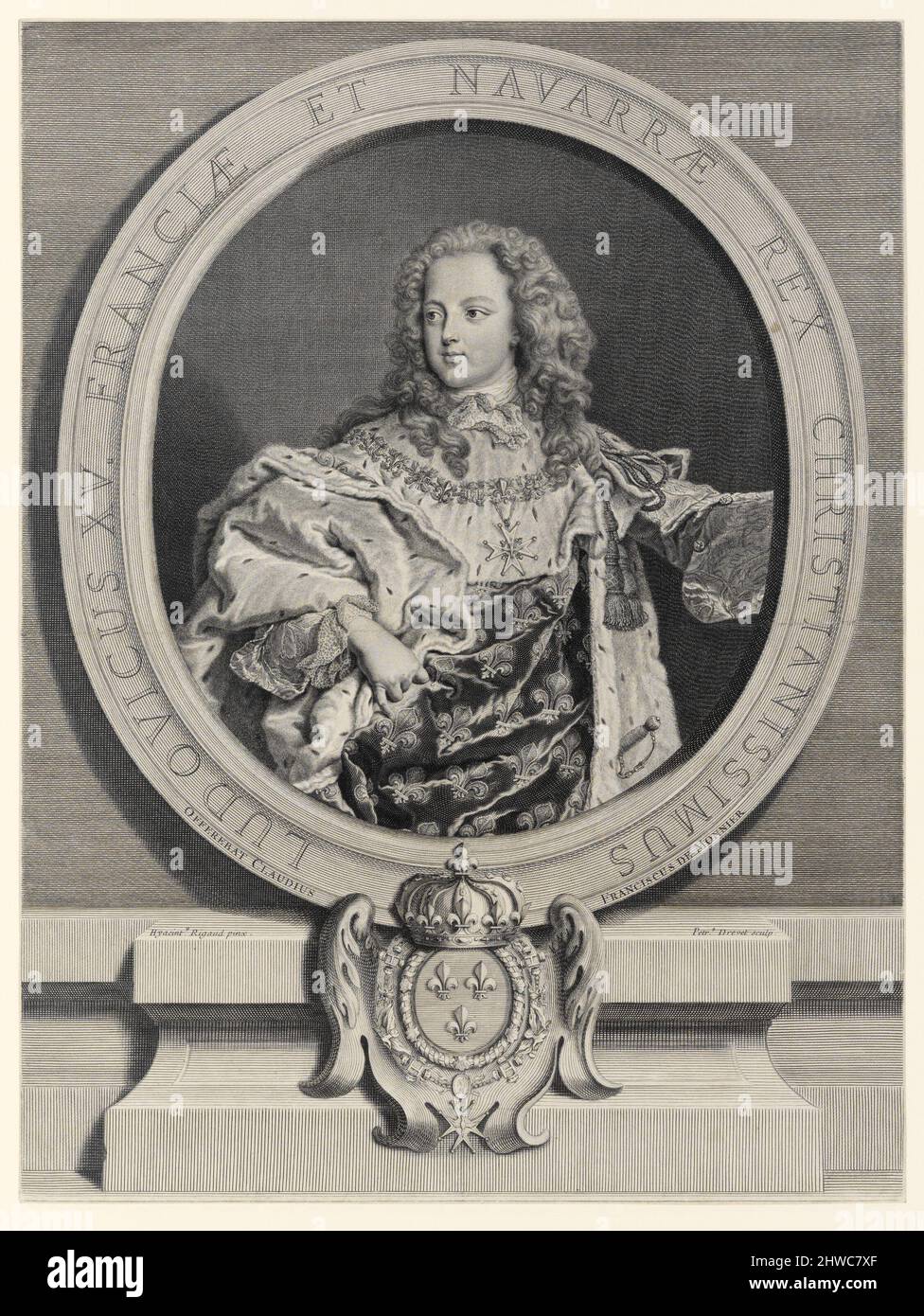 Louis XV, King of France (1710-1774).  Artist: Pierre Drevet, French, 1663–1738 Artist: Pierre Imbert Drevet, French, 1697–1739After: Hyacinthe Rigaud, French, 1659–1743 Stock Photo