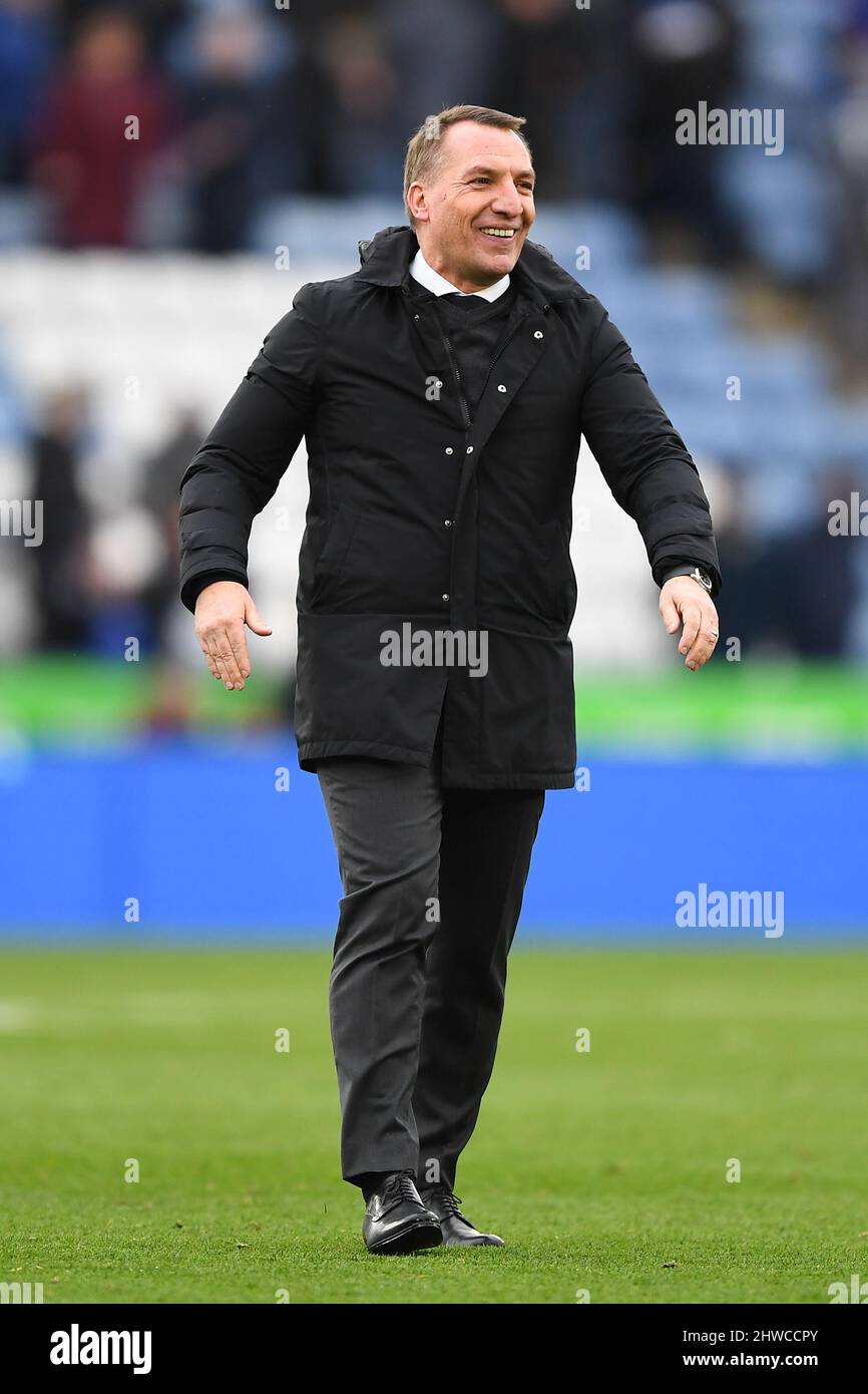 LEICESTER, UK. MAR 5TH Brendan Rodgers, manager of Leicester City celebrates victory during the Premier League match between Leicester City and Leeds United at the King Power Stadium, Leicester on Saturday 5th March 2022. (Credit: Jon Hobley | MI News) Credit: MI News & Sport /Alamy Live News Stock Photo