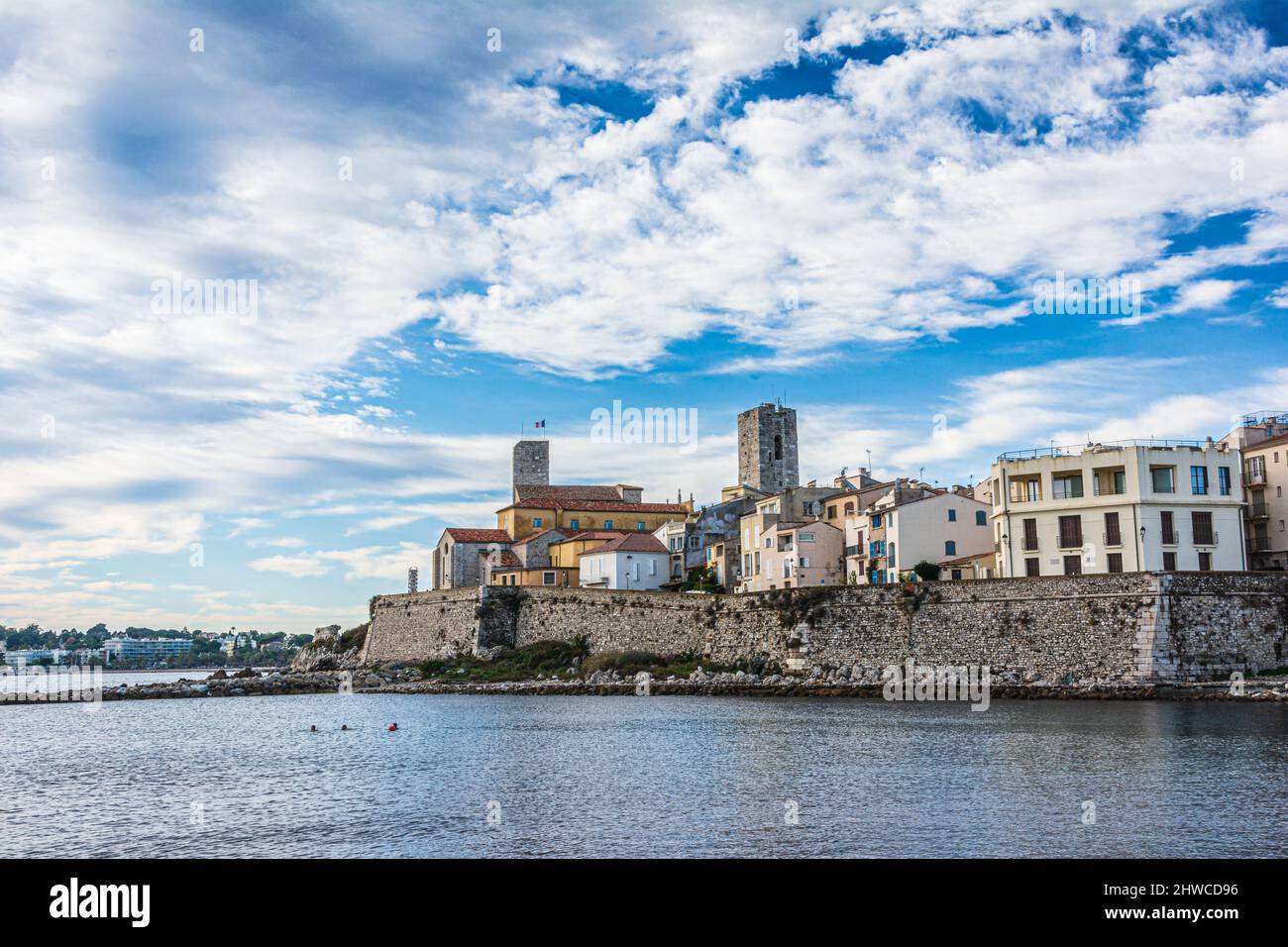 View of old city and the city walls from La Gravette beach, Antibes, France Stock Photo