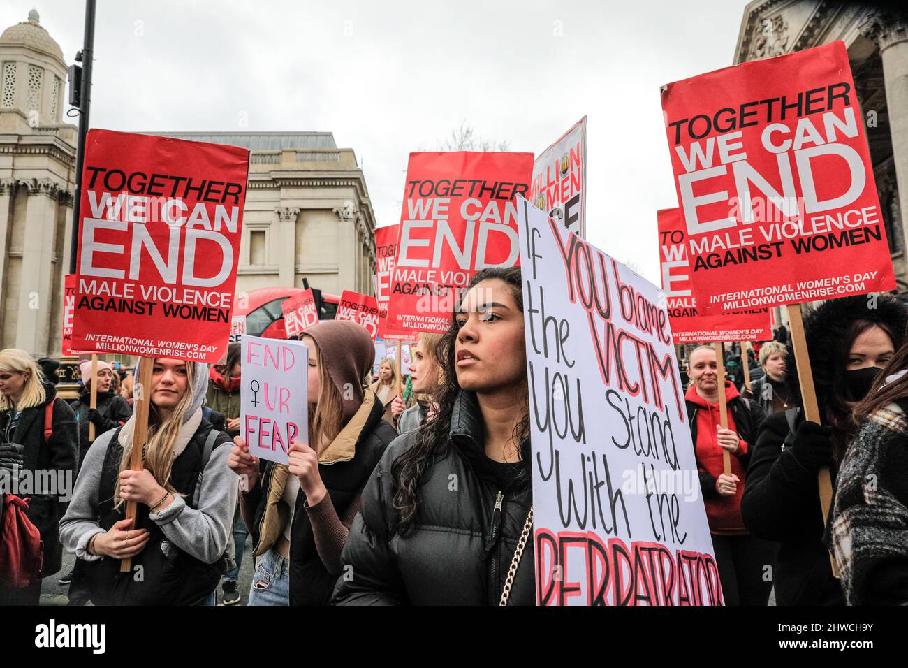 London, UK. 05th Mar, 2022. Female activists and protesters take to the streets of central London. The annual Million Women Rise march makes its way from Charing Cross through Westminster. The women demand an end of male violence against women and girls and to remember the victims of violence against women. Credit: Imageplotter/Alamy Live News Stock Photo