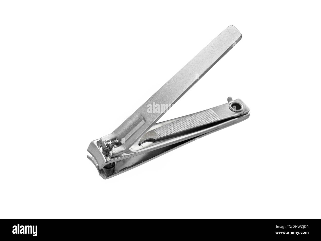 Nail clipper isolated on white background. Stainless steel nail clippers. Stock Photo