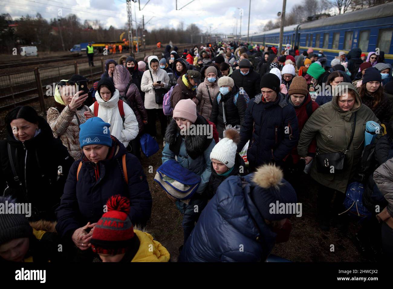 Olkusz, Poland. 28th Feb, 2022. Ukrainian refugees seen at Olkusz train station. Over 700,000 Ukrainian people seek refuge in Poland as result of Russiaís aggression on their country. Many of them come to Polish cities by train, where humanitarian help is organized for those in need. (Photo by Vito Corleone/SOPA Images/Sipa USA) Credit: Sipa USA/Alamy Live News Stock Photo