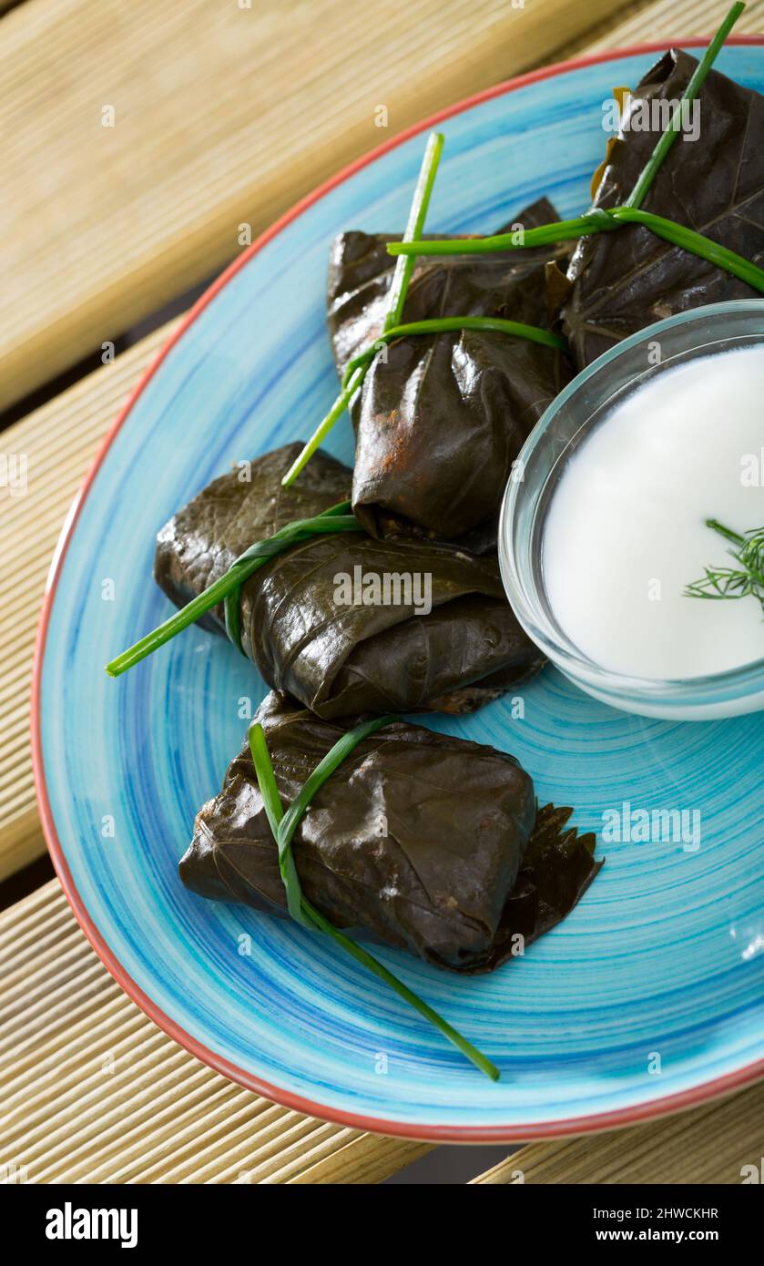 Delicious Sarma (stuffed grape leaves) with fresh rustic sour cream