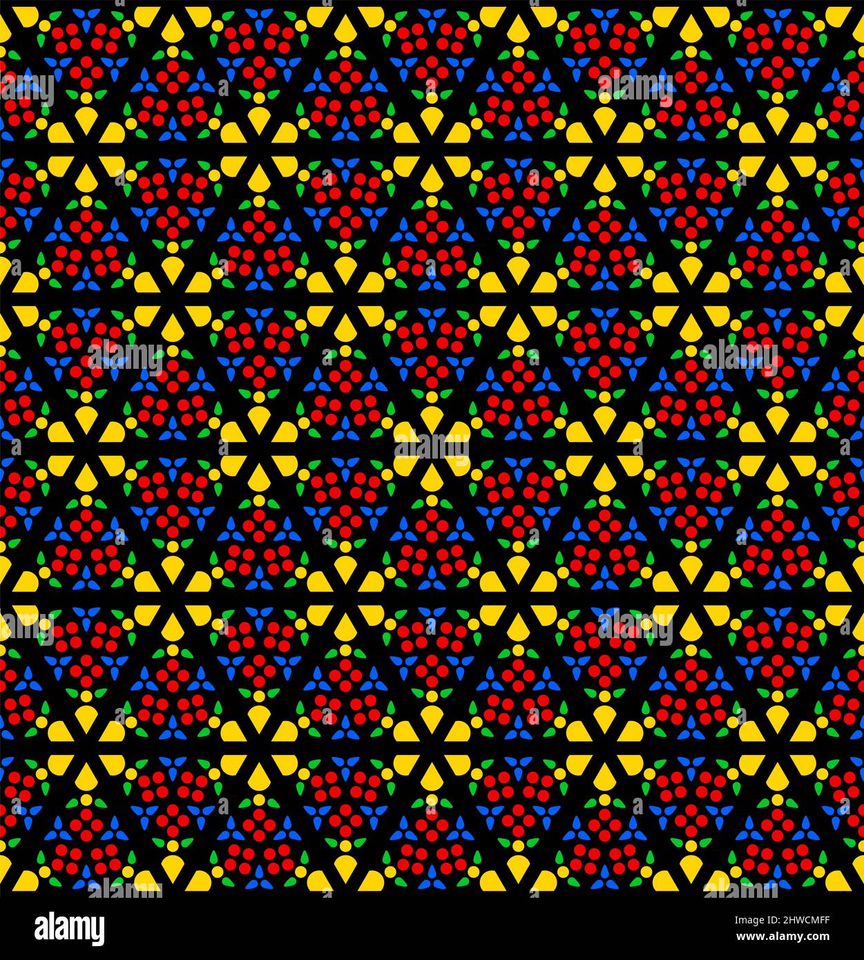 Rose window, stained glass design, tile with seamless, endless pattern. Hexagonal arranged triangles with textured effect, and with colorful patterns. Stock Photo