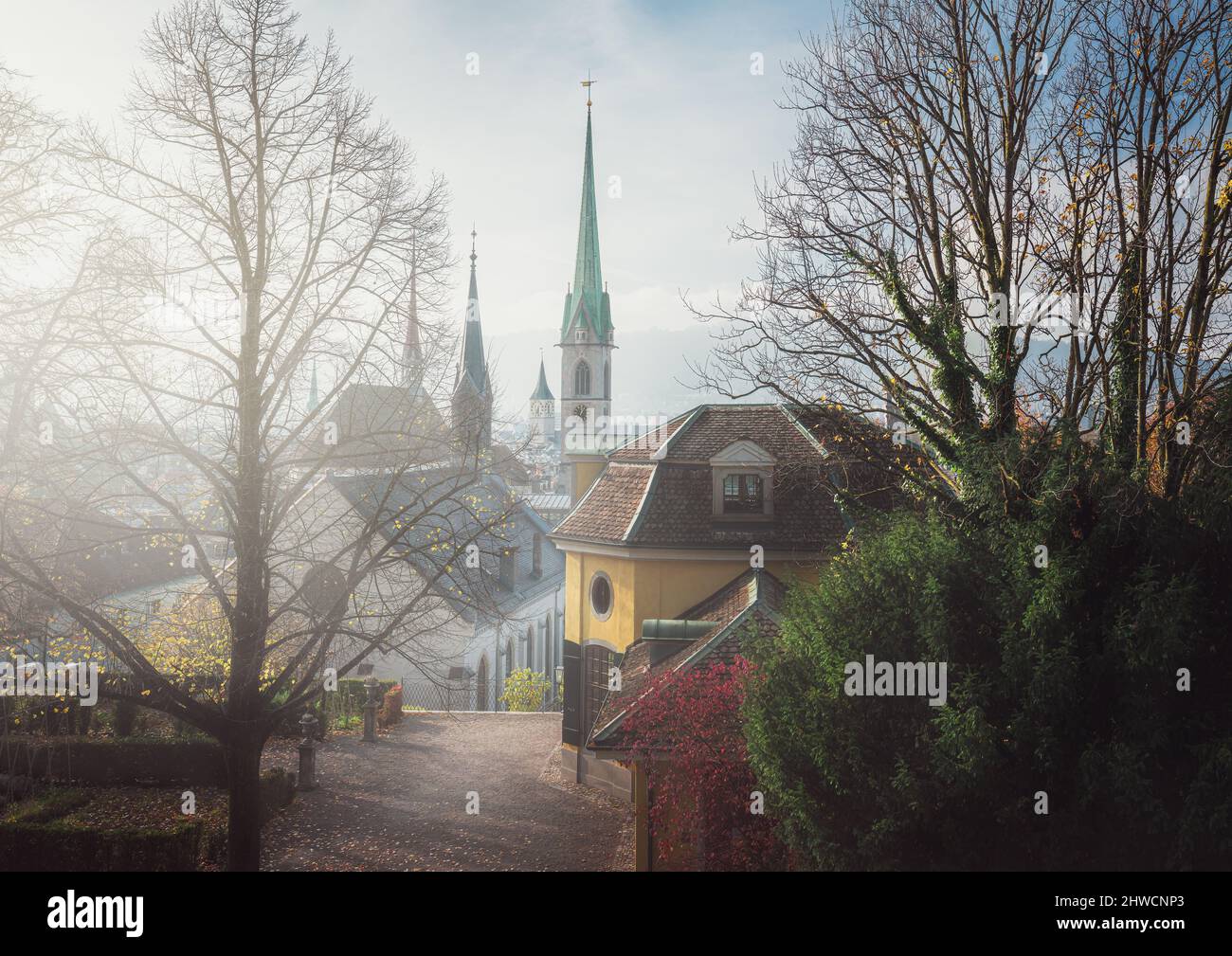 Beautiful view of Zurich with Predigerkirche Church - Zurich, Switzerland Stock Photo