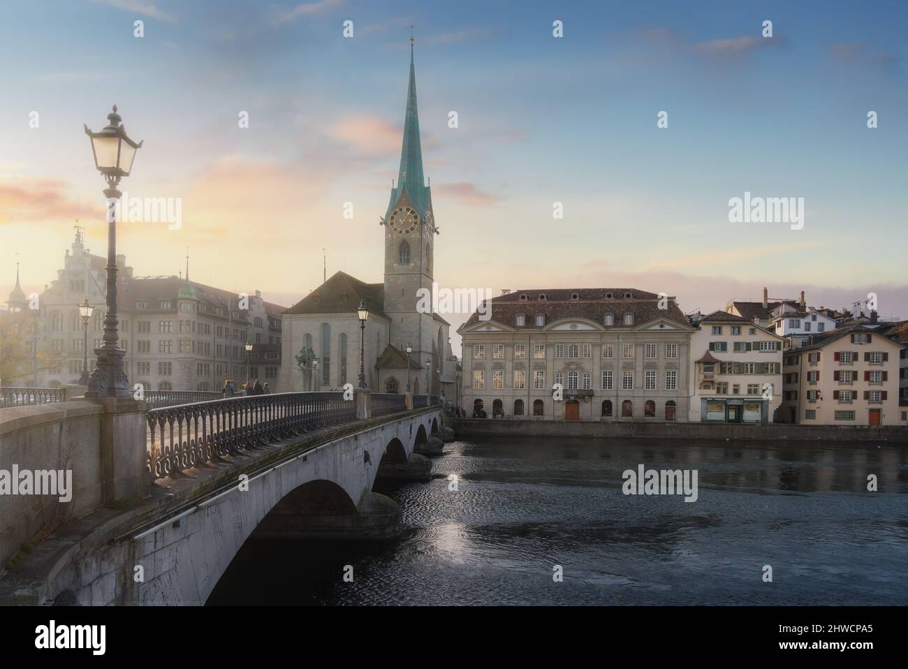 FIDUS、「Auf der Brucke in Zurich」 Famous Fraumunster church and Munsterbrucke bridge over