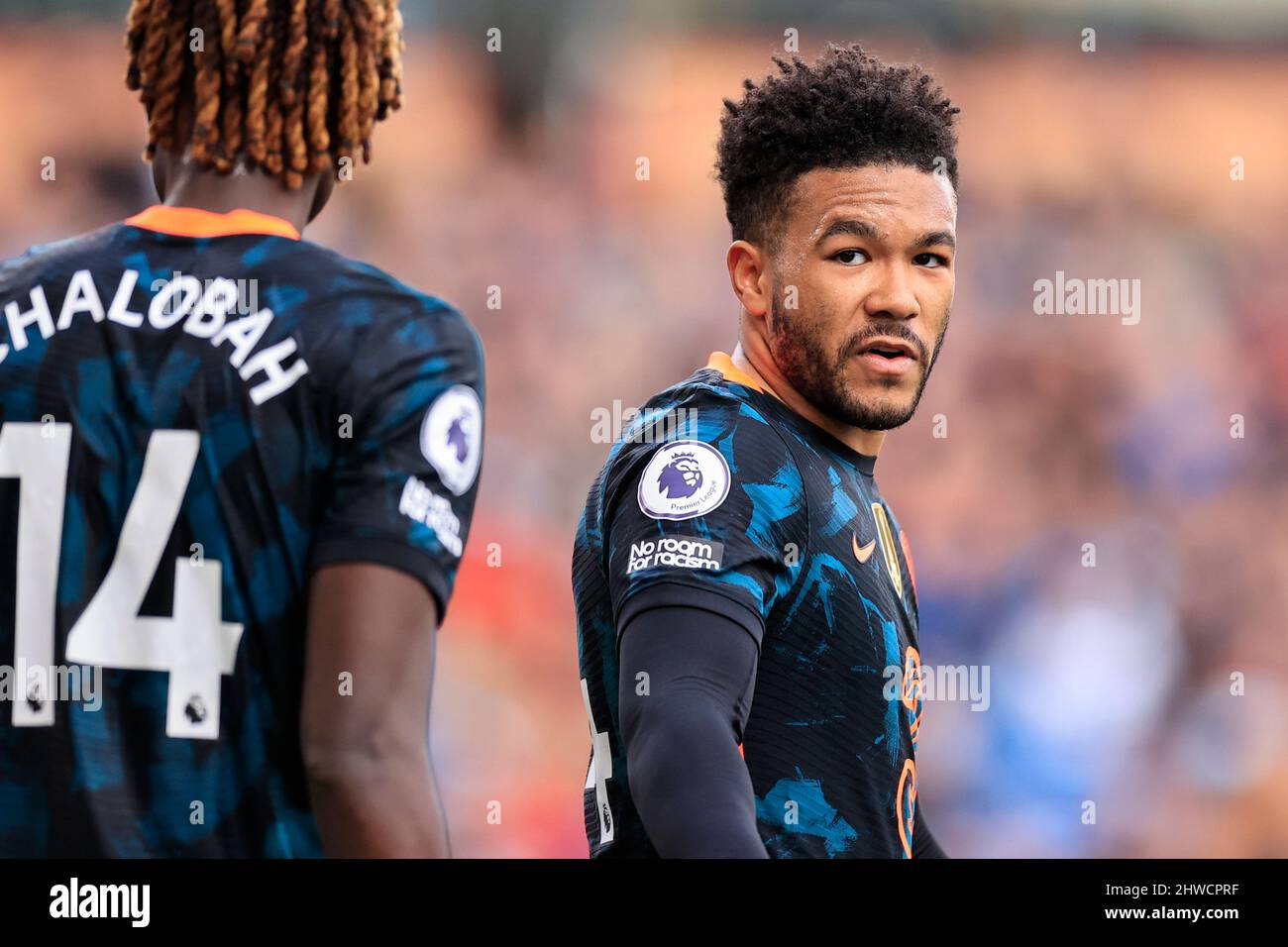 Reece James #24 of Chelsea chats with Trevoh Chalobah #14 of Chelsea Stock Photo