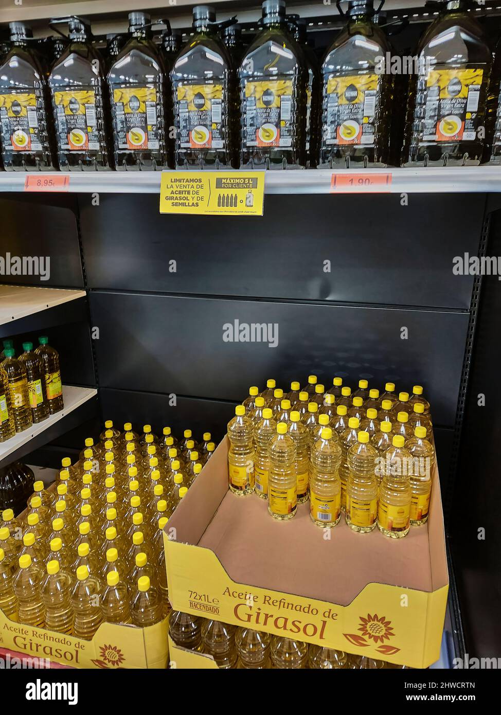 Pamplona, Spain 5 march 2022. Shelf full of bottles of olive oil in a