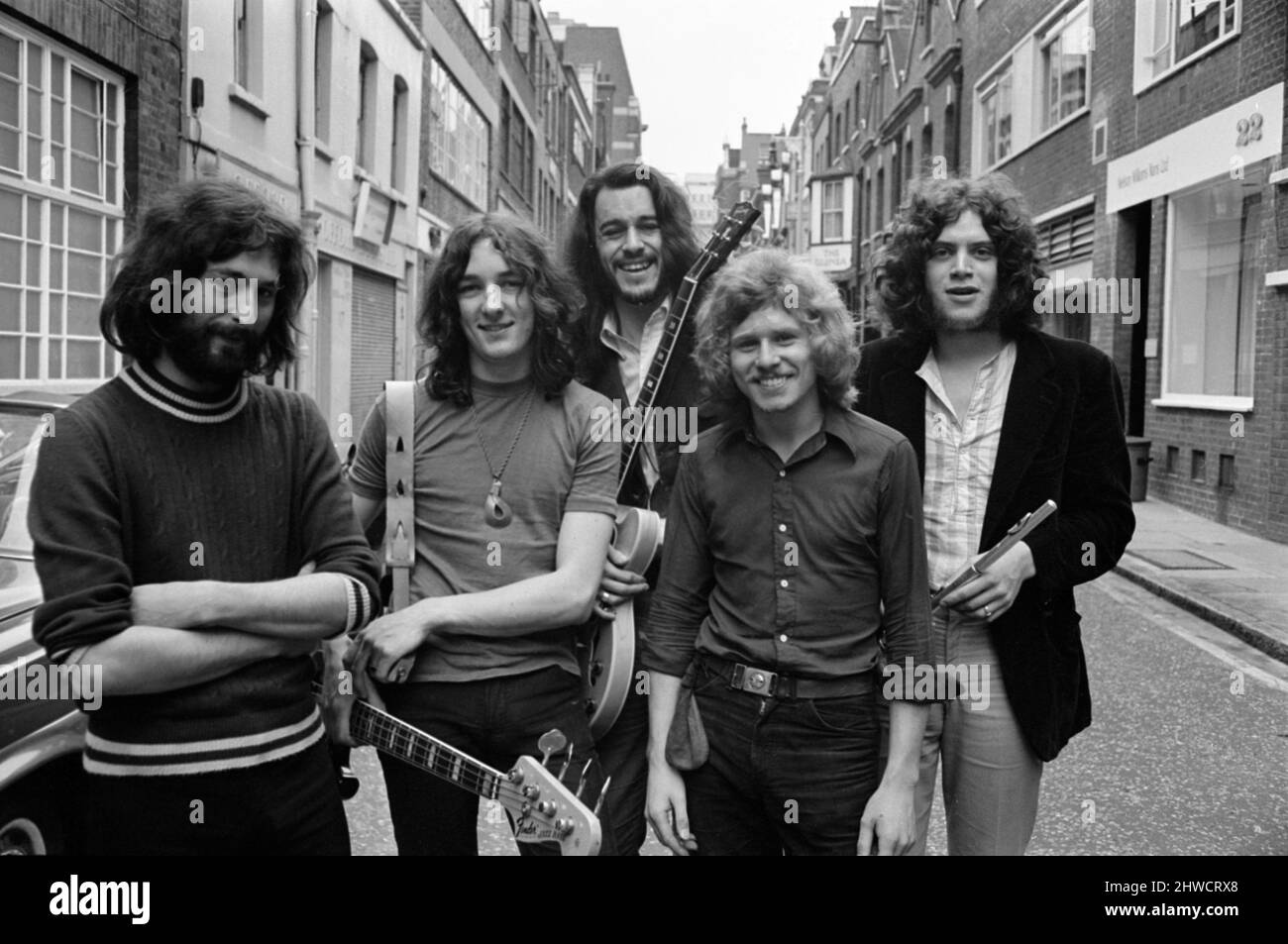 Pop Group 'Supertramp'  pictured in Bruton Place, London. L to R, Richard Davies, Roger Hodgson, Richard Palmer, Robert Millar and David Winthrop. 12th August 1970. Stock Photo