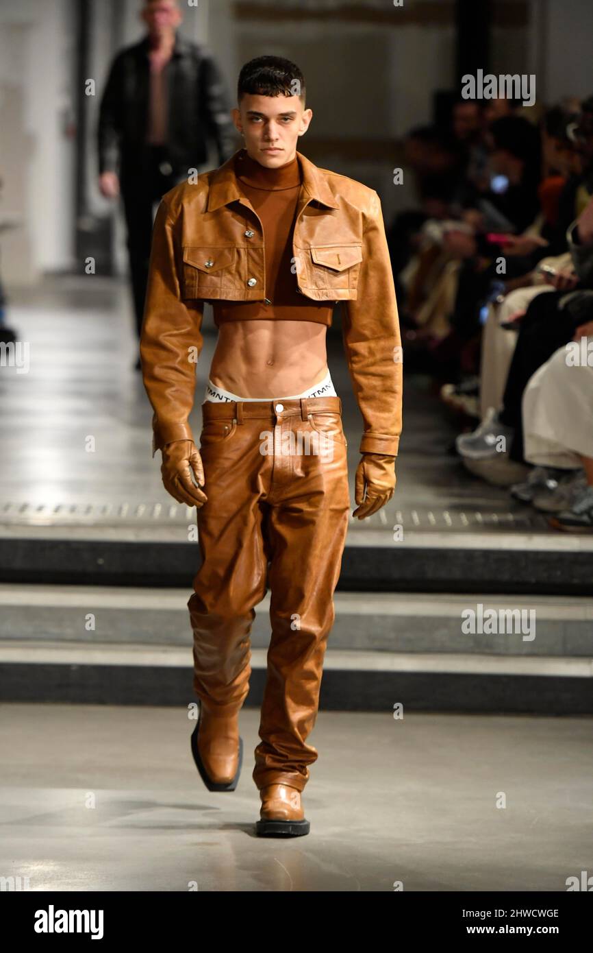 A model walks on the runway at the Vetements fashion show during  Fall/Winter 2022 Collections Fashion Show at Paris Fashion Week in Paris,  France on March 4, 2022. (Photo by Jonas Gustavsson/Sipa