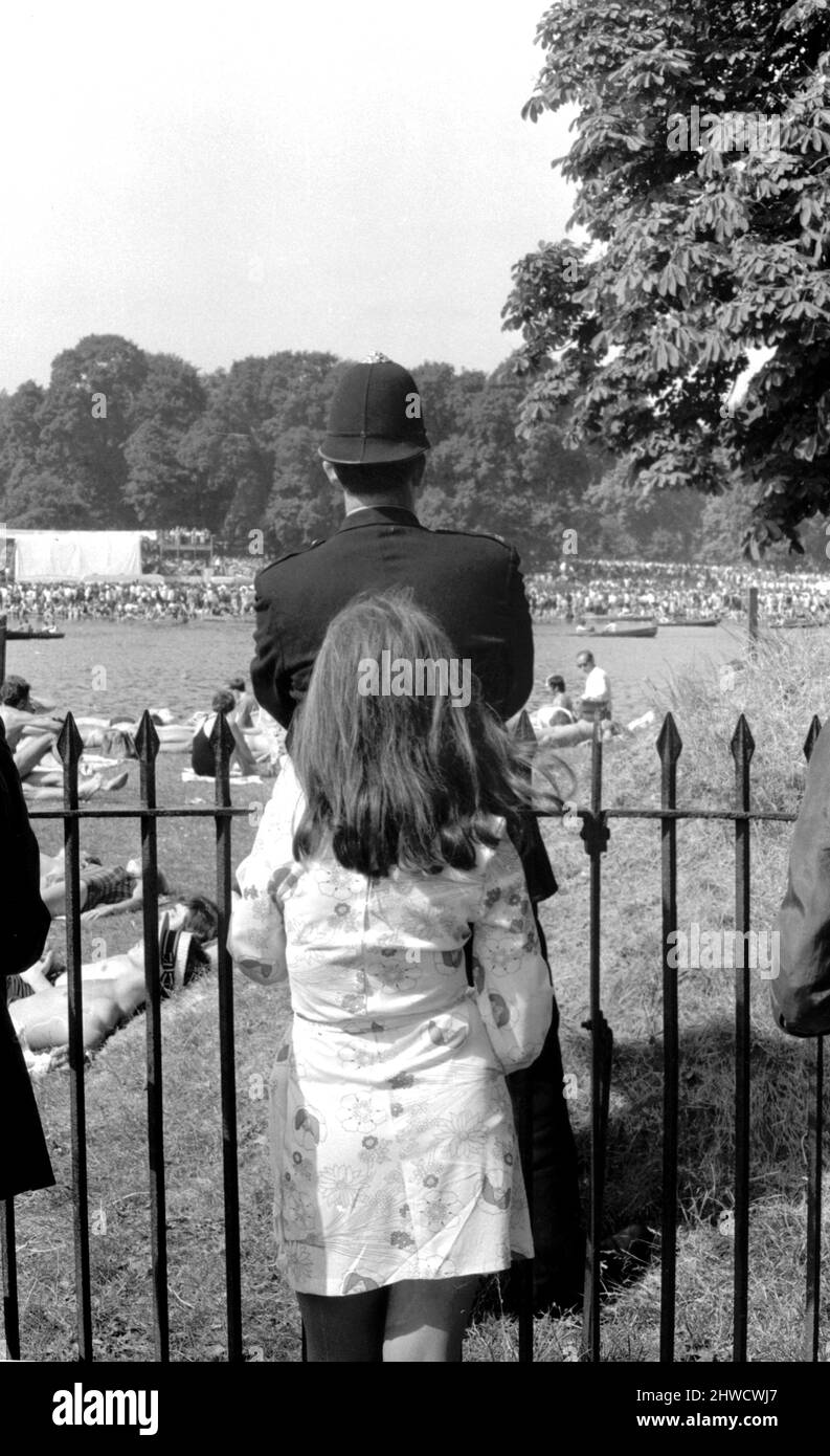 Policeman and young girl at The Rolling Stones concert at Hyde Park.5th July 1969. Stock Photo