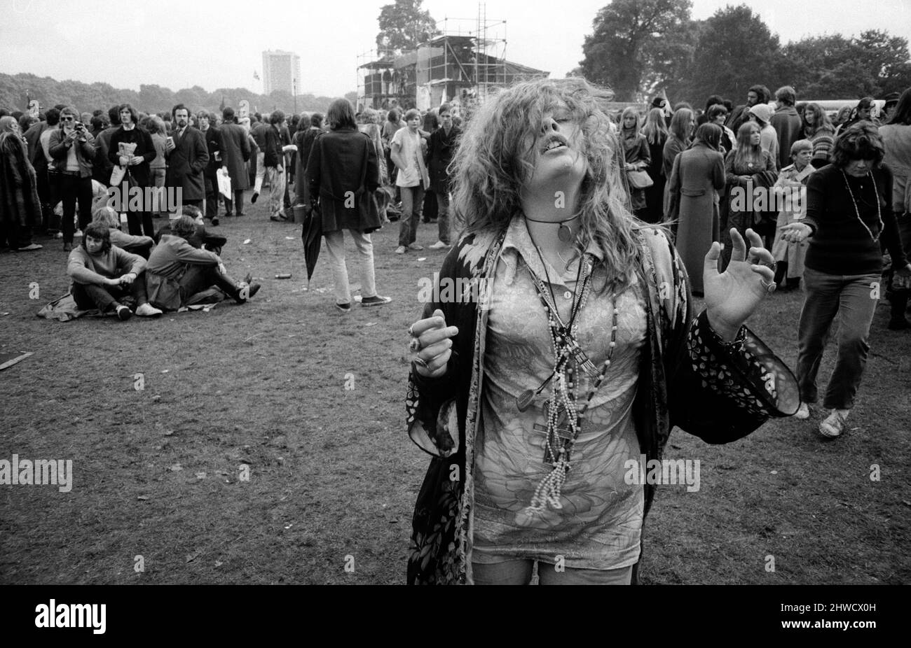 Hippy girl dancing at Free Hyde Park Pop Festival featuring Canned Heat, Eric Burdon & War and John Sebastion. 12th September 1970. Stock Photo
