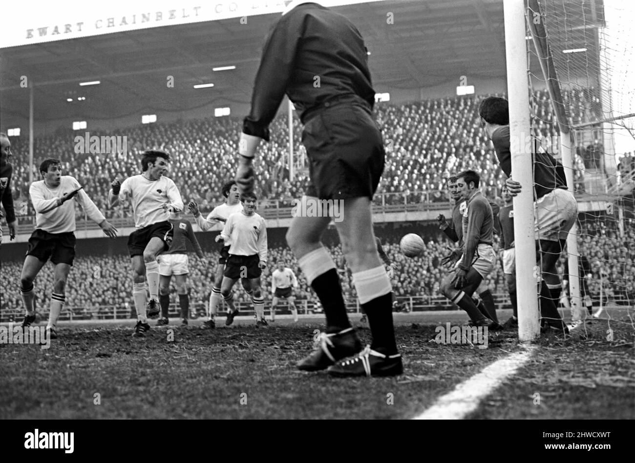 Derby v. Nottingham Forest. Near thing for Forest as this ball cleaned 0/6 the live then goes for corner relief on faces of Forest defence in frame. December 1969 Z11534-033 Stock Photo