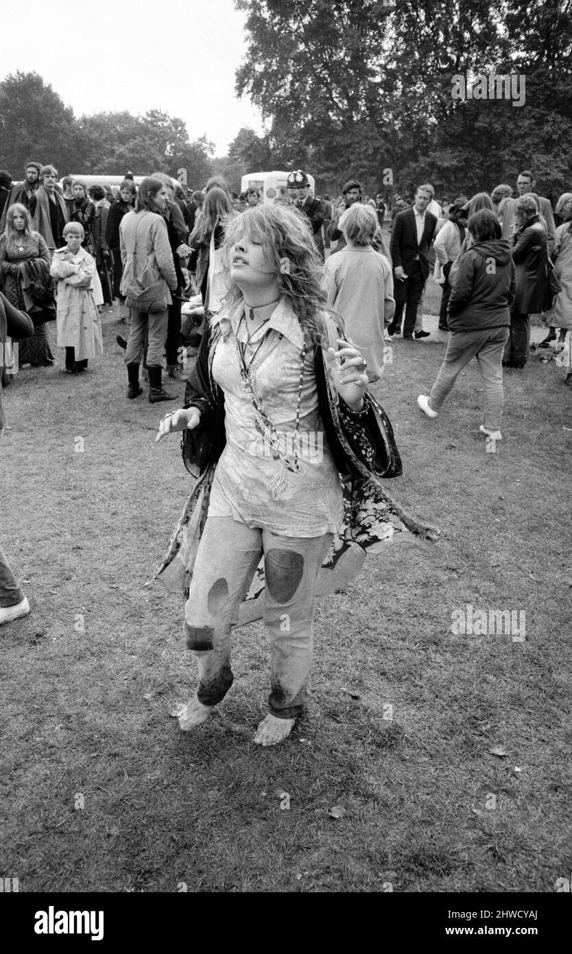 Hippy girl dancing at Free Hyde Park Pop Festival featuring Canned Heat, Eric Burdon & War and John Sebastion.12th September 1970. Stock Photo