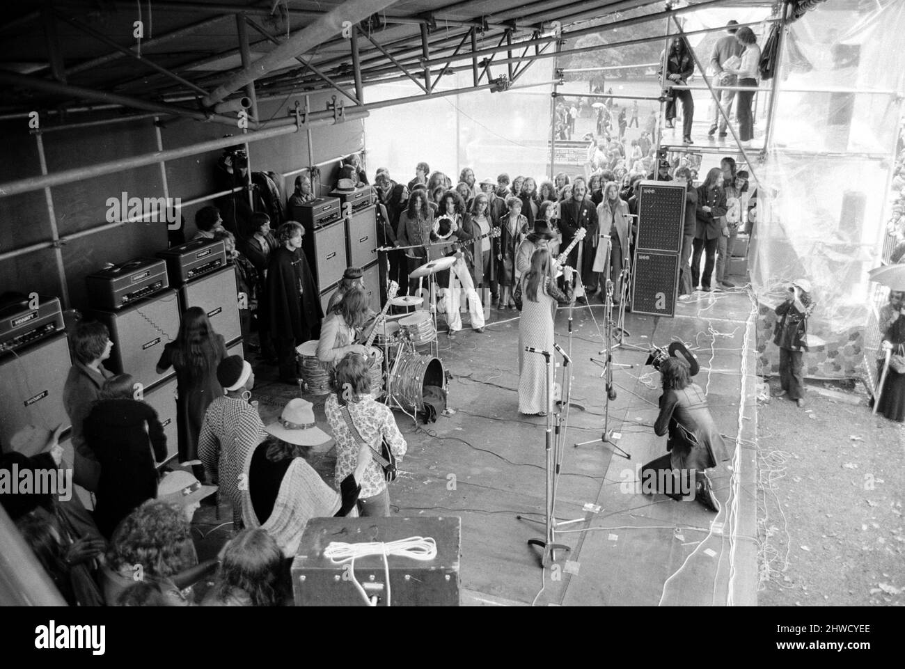 Californian band,Stone Ground at the free Hyde Park Pop Festival featuring Canned Heat, Eric Burdon & War and John Sebastion.12th September 1970. Stock Photo