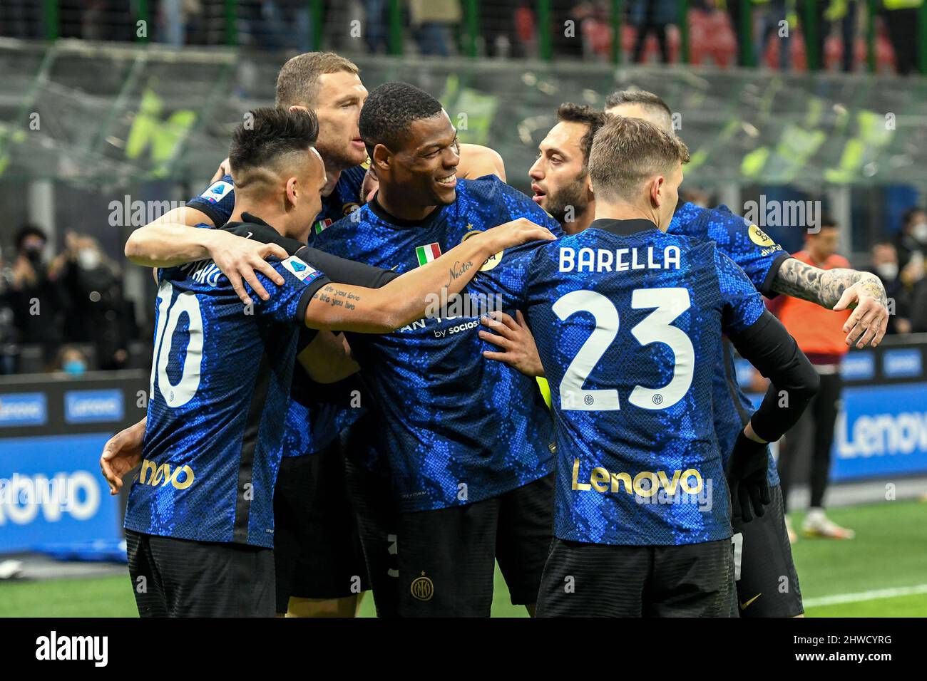 Milano, Italy. 04th Mar, 2022. Lautaro Martinez (10) of Inter scores and celebrates with team mates during the Serie A match between Inter and Salernitana at Giuseppe Meazza in Milano. (Photo Credit: Gonzales Photo/Alamy Live News Stock Photo