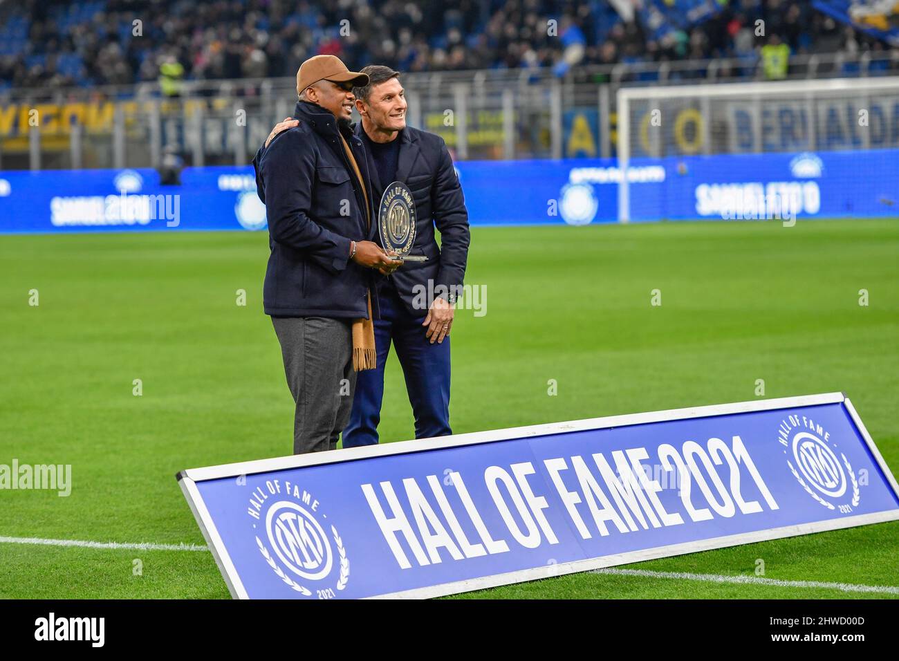 Milano, Italy. 04th Mar, 2022. Ex Inter player Samuel Eto'o is inducted into the Hall of Fame of Inter before the Serie A match between Inter and Salernitana at Giuseppe Meazza in Milano. Here Eto'o is seen with Inter vice-president Javier Zanetti. (Photo Credit: Gonzales Photo/Alamy Live News Stock Photo