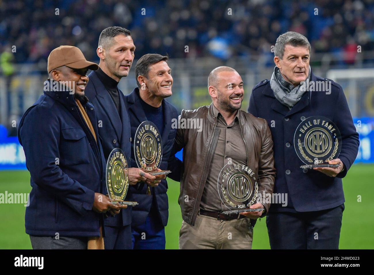 Milano, Italy. 04th Mar, 2022. Ex Inter players Samuel Eto'o, Marco Materazzi, Wesley Sneijder and Gianluca Pagliuca are inducted into the Hall of Fame of Inter before the Serie A match between Inter and Salernitana at Giuseppe Meazza in Milano. Here they are seen with Inter vice-president Javier Zanetti.(Photo Credit: Gonzales Photo/Alamy Live News Stock Photo