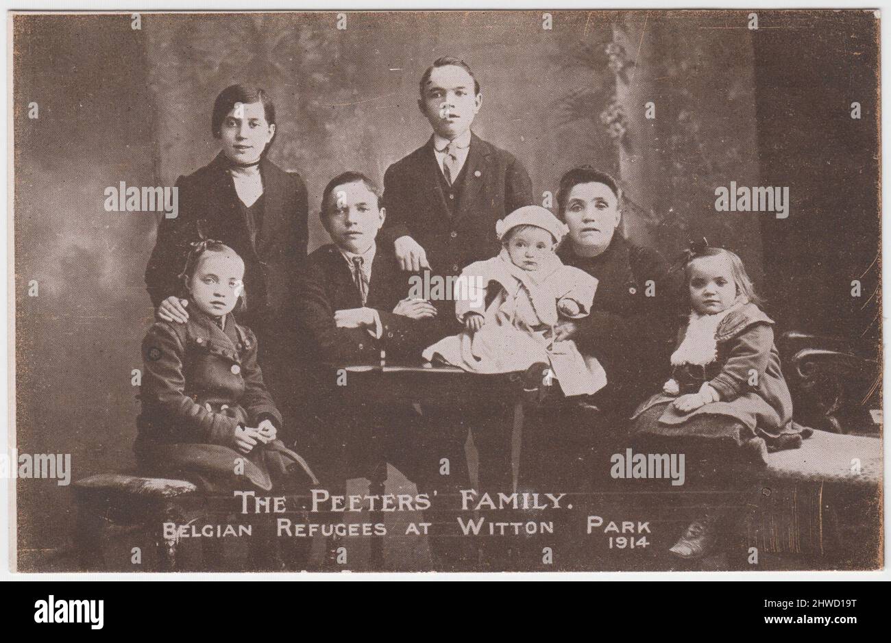 The Peeters family, Belgian refugees at Witton Park, County Durham, 1914. The father of the family, Jaen or Joannes Peeters, had been coachman to the burgomaster of Aerschot and was amongst the men of the town shot dead by members of the invading German army in reprisals for the killing of Colonel Johannes Stenger. His two 16 year old sons narrowly escaped the same fate but witnessed the execution of their father Stock Photo