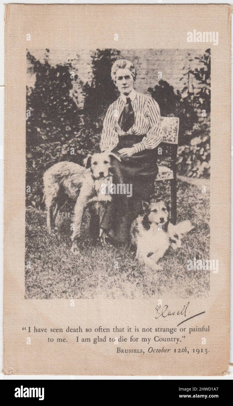 Portrait of the British nurse Edith Louisa Cavell, shown seated in a garden with two dogs. Edith Cavell was arrested in Belgium during the First World War after helping allied soldiers escape the occupied country. She was executed by a German firing squad in 1915 Stock Photo