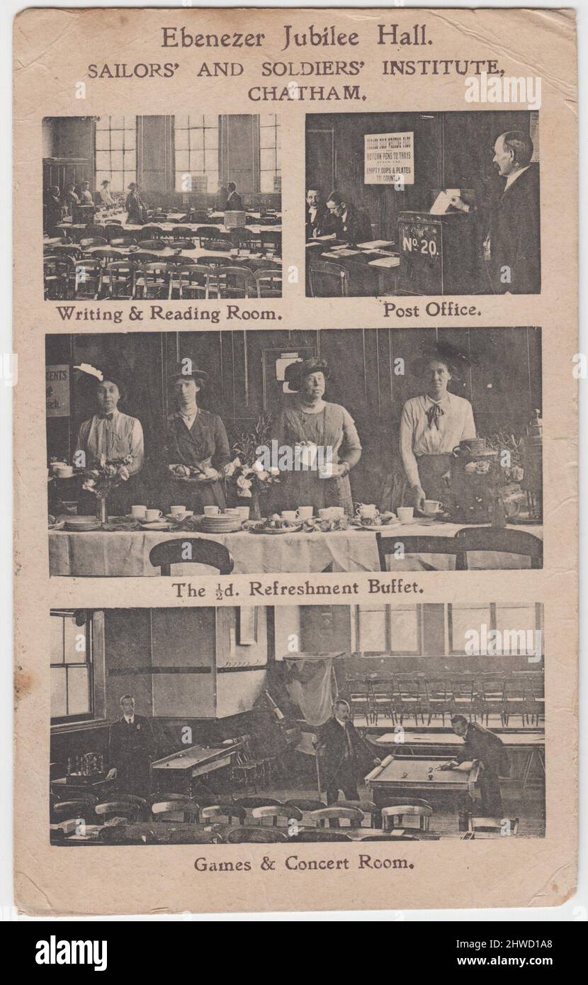Scenes inside the Ebenezer Jubilee Hall, Sailors' and Soldiers Institute, Chatham. The photographs on this postcard show the Writing and Reading Room, the Post Office, women behind tables at the halfpenny Refreshment Buffet, and two men playing billiards in the Games and Concert Room. The postcard was sent in 1916 Stock Photo