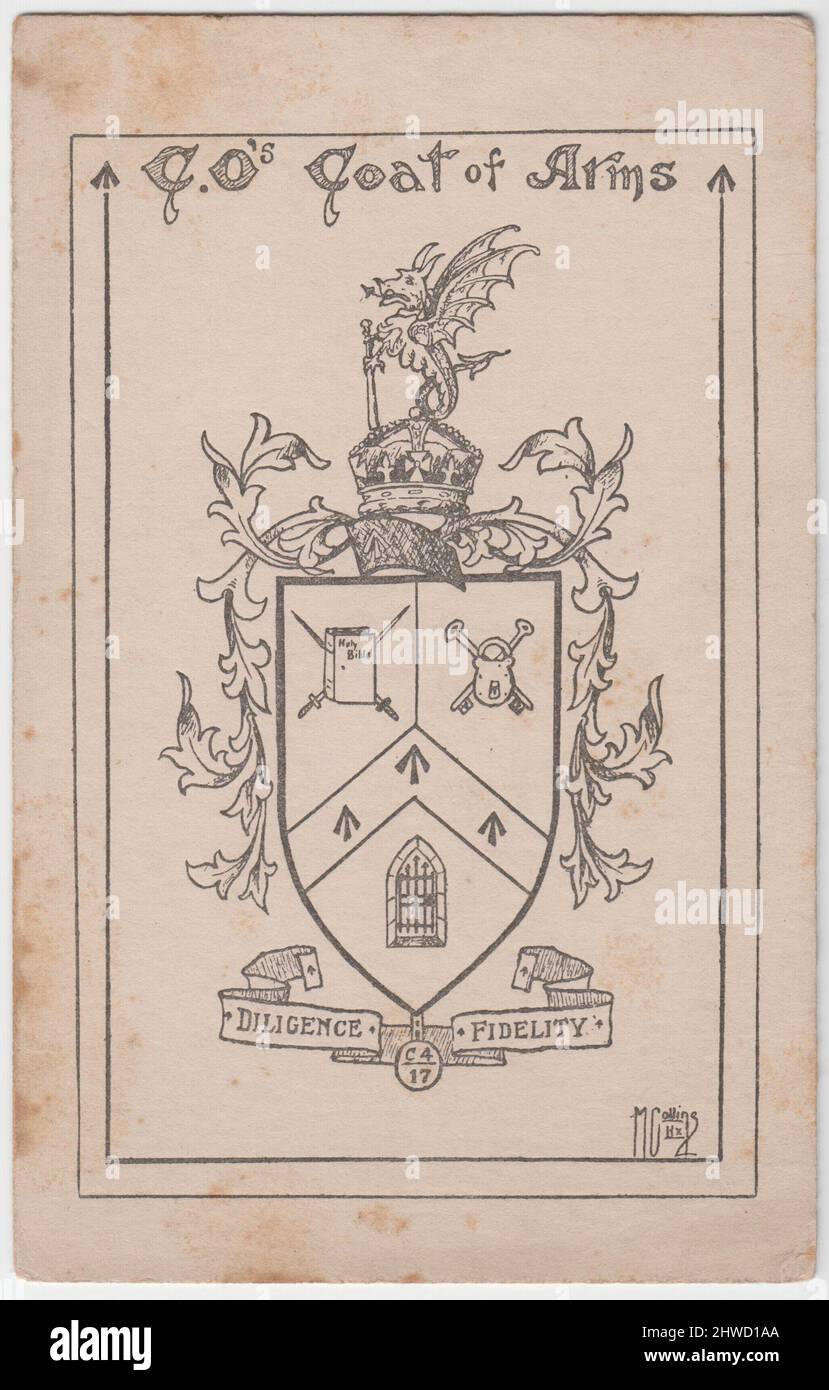 'C.O.'s Coat of Arms', c.1917: First World War Conscientious Objector's heraldic 'coat of arms'. Symbols include a Bible over crossed swords, lock over crossed keys, prison arrows, a prison cell window, the motto 'Diligence, Fidelity' and the prisoner number C4 17. The drawing was done by M. Collins Stock Photo