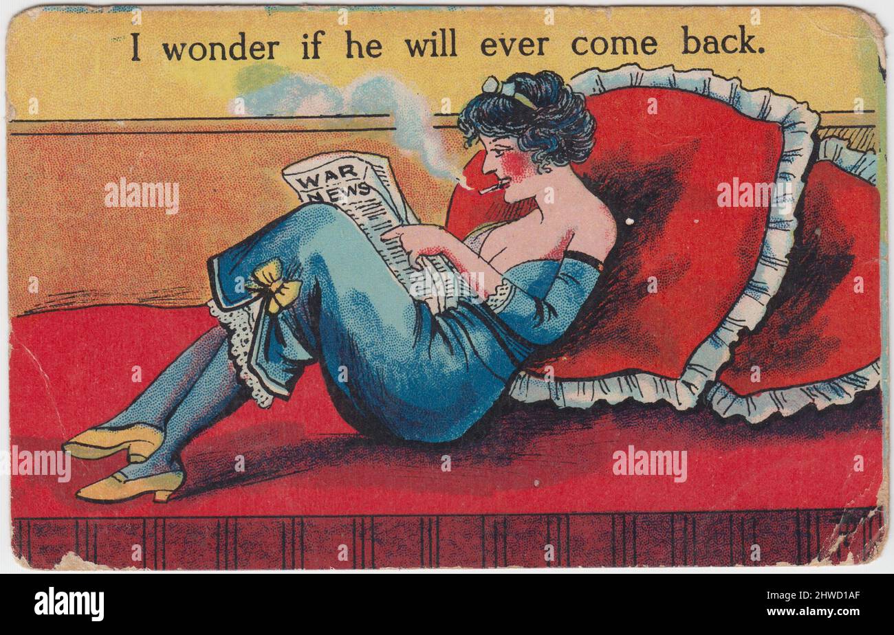 'I wonder if he will ever come back': cartoon of a woman dressed in a low cut blue negligee, stockings & yellow shoes, smoking whilst propped up on scarlet cushions on a red mattress or chaise longue. She is reading a newspaper with the heading 'War News' & seems largely unconcerned about whether or not the mystery man (her lover?) will come back from the First World War. This item was published as a postcard during WW1 and was posted in 1916 Stock Photo