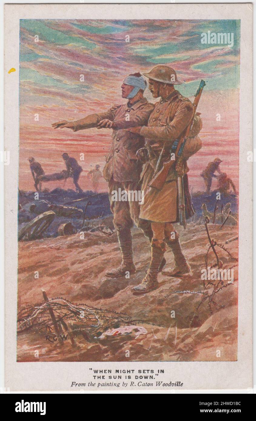 St Dunstan’s, First World War fundraising postcard: 'When night sets in the sun is down'. Painting of a WW1 battle scene, showing a blinded soldier with his arms outstretched being guided across the battlefield by a comrade in arms. Post-combat scenes can be seen behind them, including two men carrying a battle casualty on a stretcher. The image was painted by Richard Caton Woodville Jr. (1856-1927) and the postcard was published to raise funds for St Dunstan's, Regent's Park, London, and the National Institute for the Blind Stock Photo