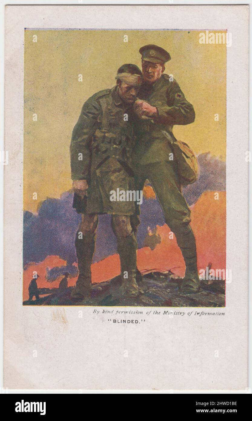 St Dunstan’s, First World War fundraising postcard: 'Blinded'. Painting of a WW1 battle scene, showing a blinded soldier being guided across the battlefield by a comrade in arms. Post-combat scenes can be seen behind them, including two men carrying a battle casualty on a stretcher. The Ministry of Information artwork was used on this postcard to raise funds for St Dunstan's, Regent's Park, London, and the National Institute for the Blind Stock Photo