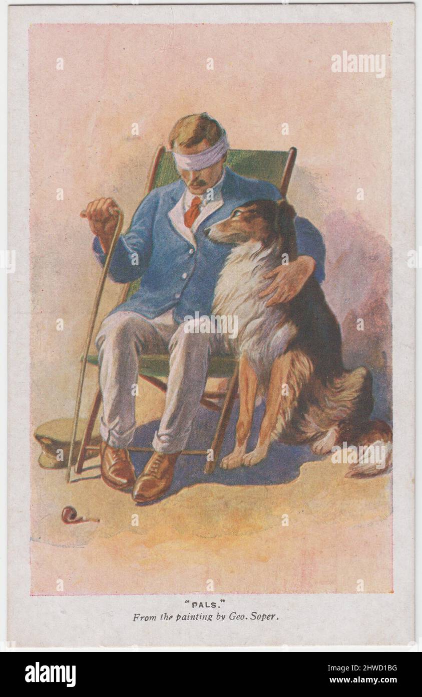 St Dunstan’s, First World War fundraising postcard: 'Pals'. Painting of blinded WW1 soldier with a bandage over his eyes, dressed in Hospital Blues, sitting in a chair. One hand is holding a white stick and the other arm is round a rough collie dog which is sitting by his side. The image was painted by George Soper RE (1870–1942) and the postcard was published to raise funds for St Dunstan's, Regent's Park, London, and the National Institute for the Blind Stock Photo
