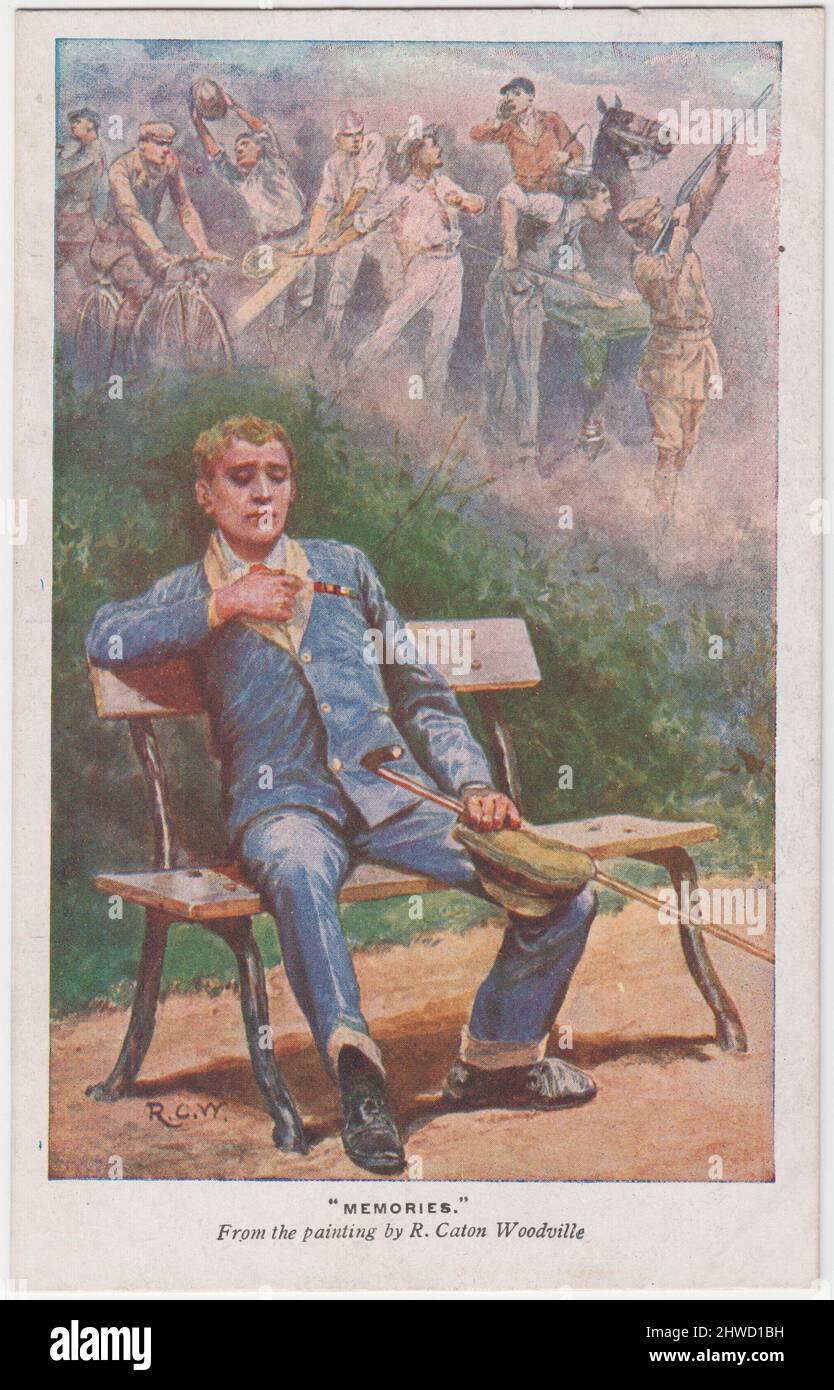 St Dunstan’s, First World War fundraising postcard: 'Memories'. Painting of blinded WW1 soldier dressed in Hospital Blues, sitting on a bench. He is holding a white stick in one hand and memories of his pre-war life are shown in the background (cycling, cricket, rugby, billiards, hunting, shooting). The image was painted by Richard Caton Woodville Jr. (1856-1927) and the postcard was published to raise funds for St Dunstan's, Regent's Park, London, and the National Institute for the Blind Stock Photo